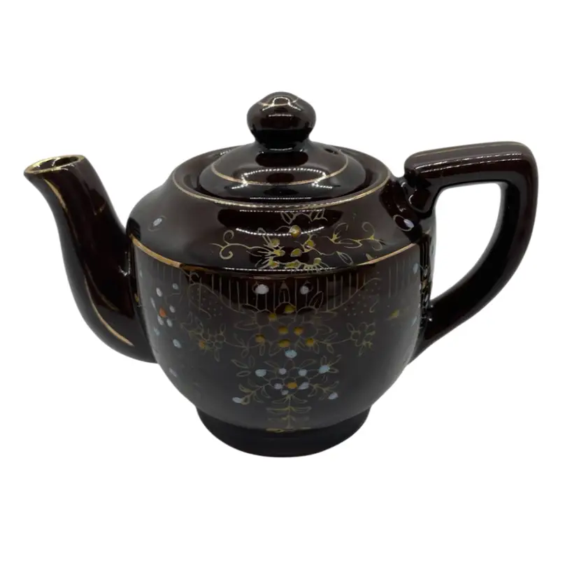 Vintage Brown Betty Redware Teapot Made in Japan Moriage Hand Painted Gold