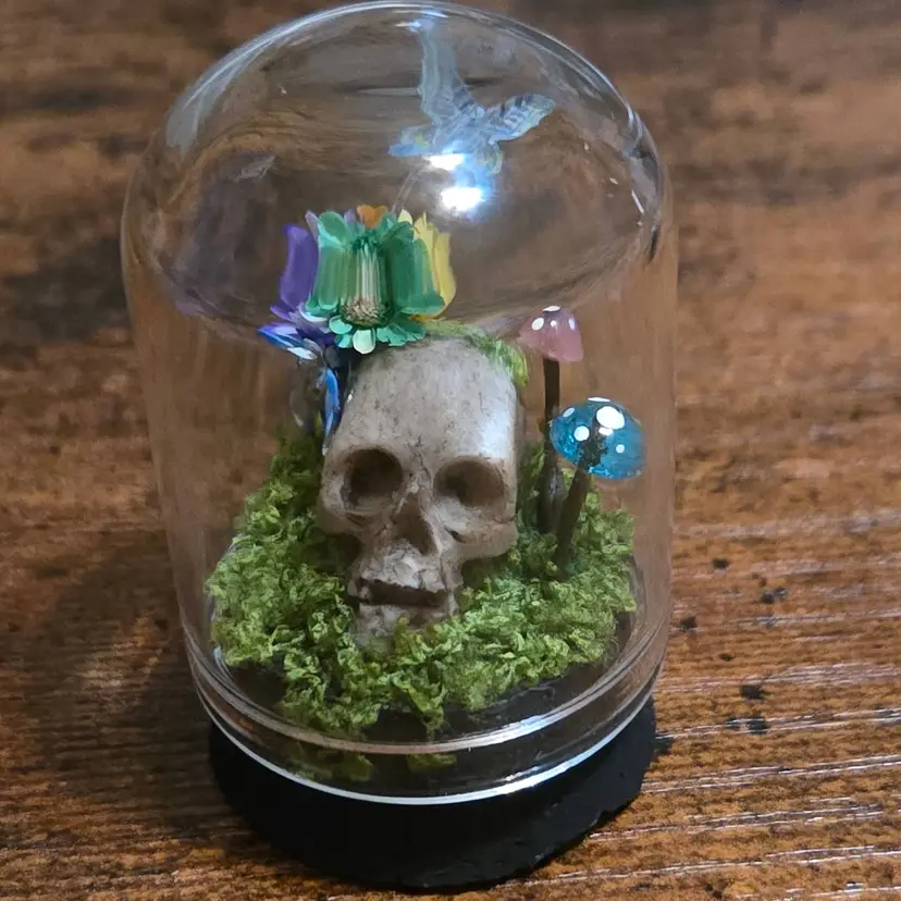 Skull With Flowers and Butterfly Mini Miniature Cloche