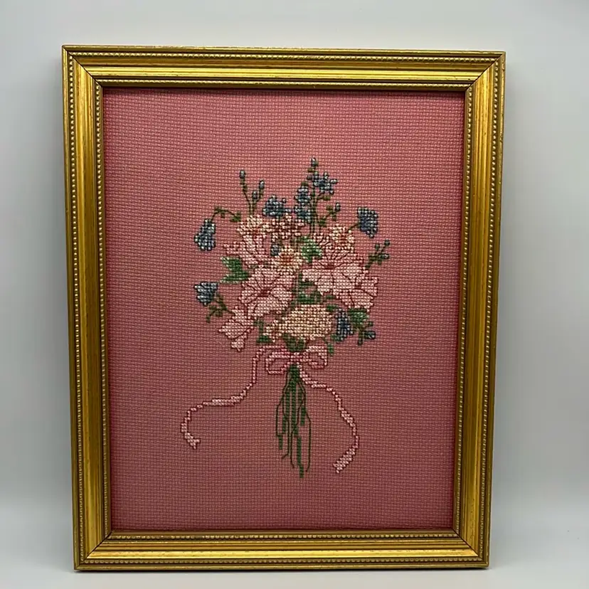 Cross Stitch Framed Art Flower Boutique Pink | 11”