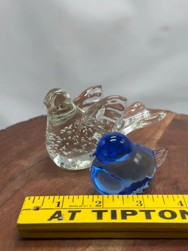 Vintage Glass Dove & Bluebird Controlled Bubble Clear Bird Paperweight