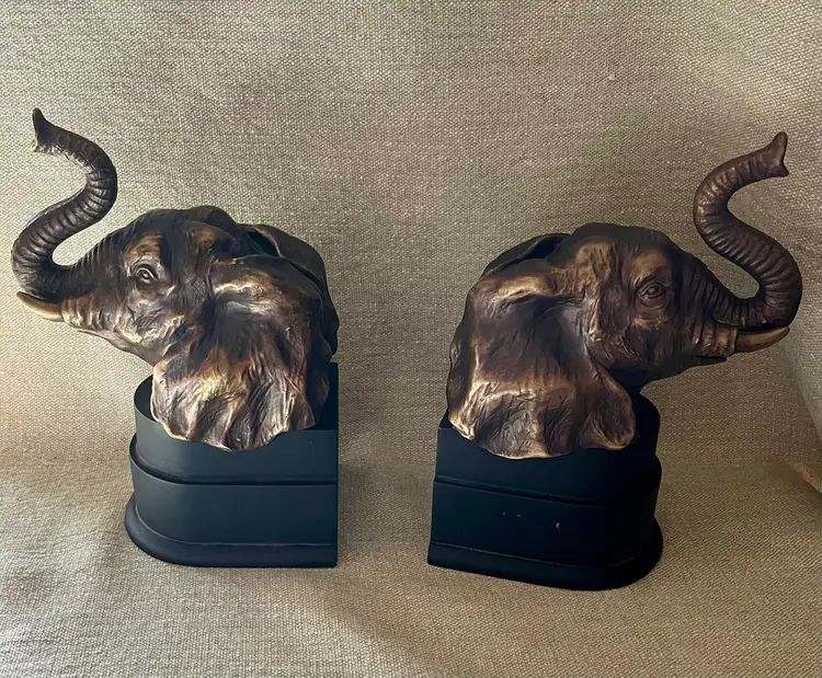Majestic Sculpture Adult Elephant Trunk Up Tusks Heavyweight Brass Bookends