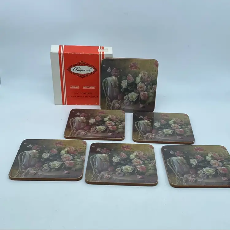 Pimpernel acrylic and cork coasters, set of six, in original box.
