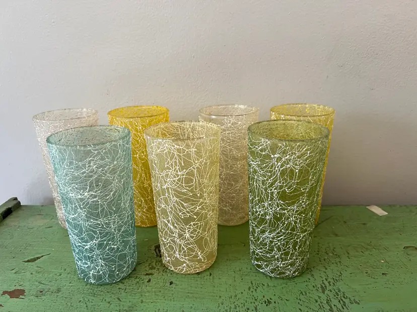 Vintage Set of 7 Hazel Atlas Spaghetti String Glasses Tumblers. MCM Retro 1960s Green Orange Yellow