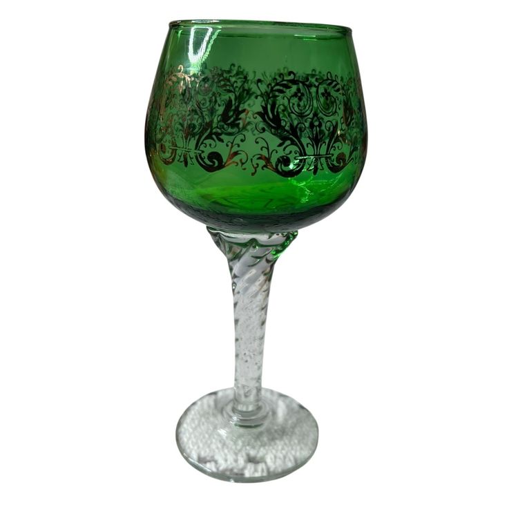 Vintage Italian Blown Green Gilded Murano Twisted Stem Wine Glass