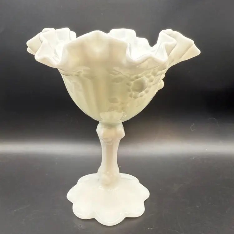 Fenton Cabbage Rose White Milk Glass Ruffled Pedestal Compote
