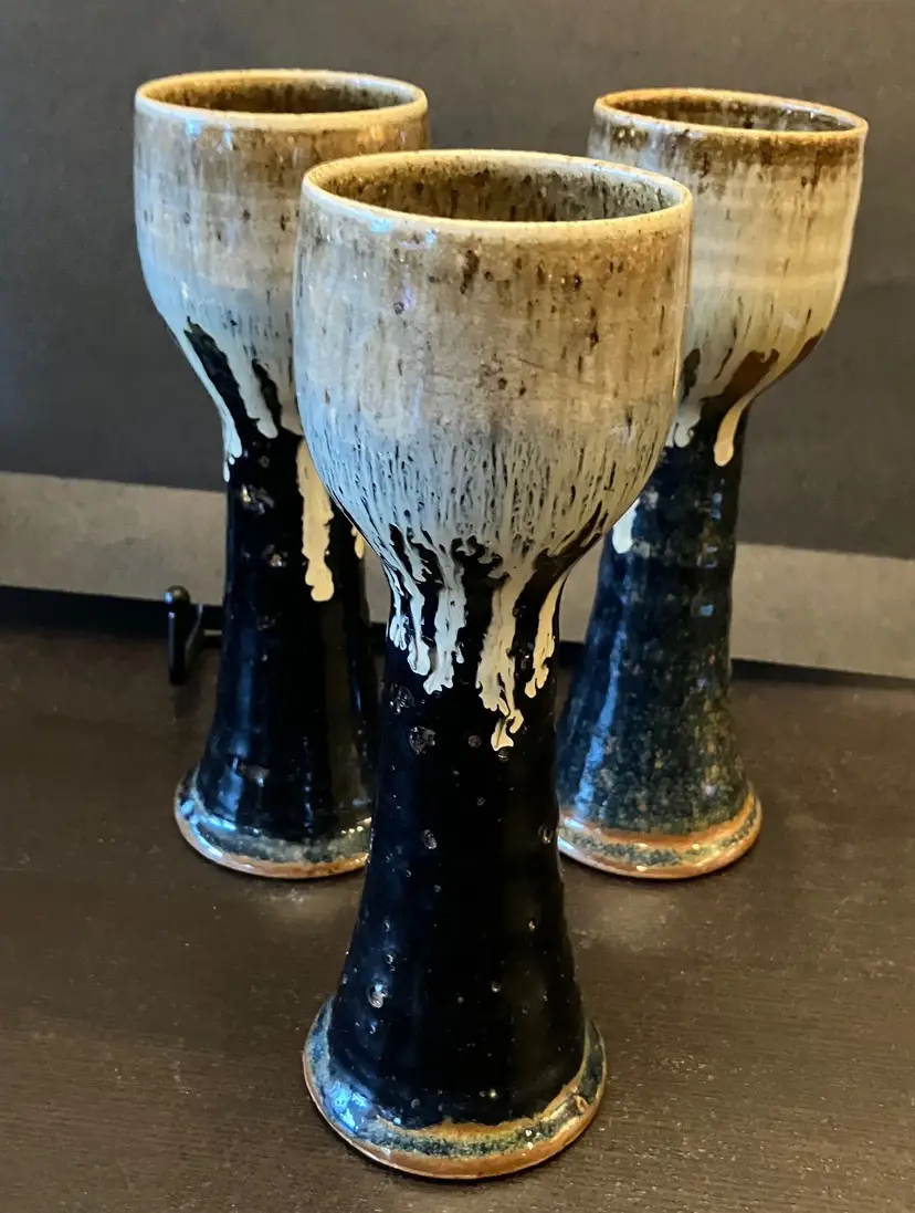 3 Studio Pottery Chalice Wine Glass Candleholder Brown Glazed