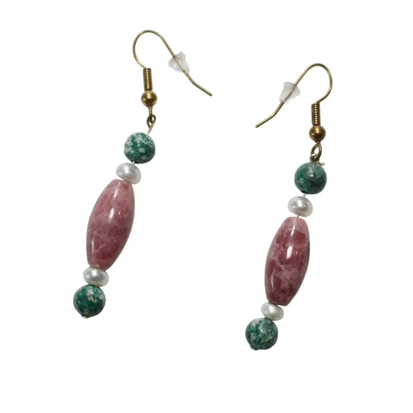 Pink & Green Stone & (Faux?) Pearl Drop Earrings, 2.25" drop