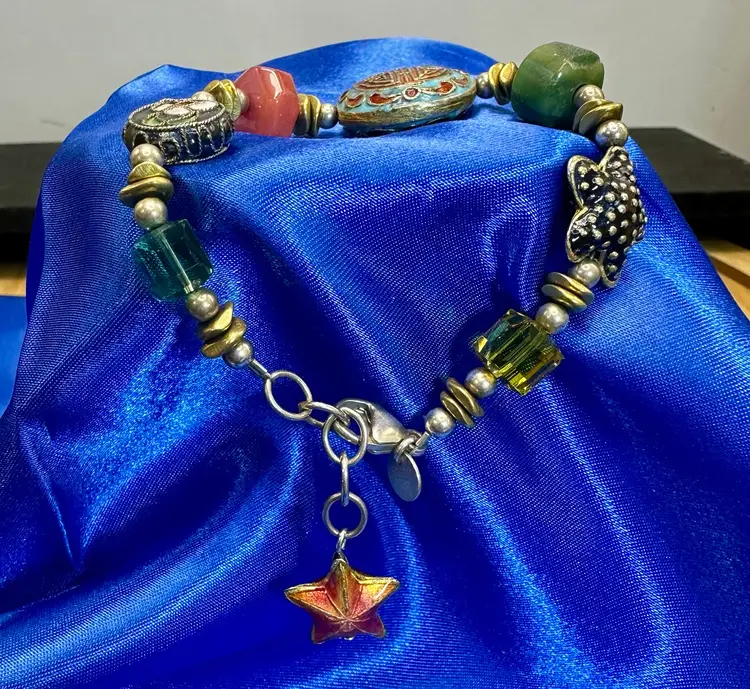 Sterling Silver 925 Emily Ray Vintage Oriental Style - Jade, Carnelian, Glass, Cloisonne, Bracelet