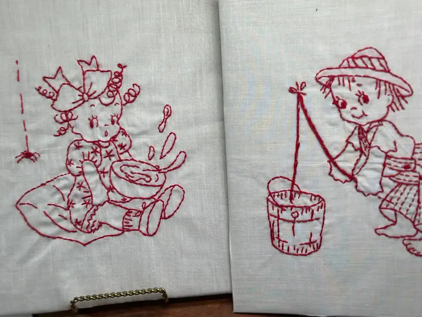 Vintage 2 Handmade Embroidery Solid Wood Frames Kitschy Adorable