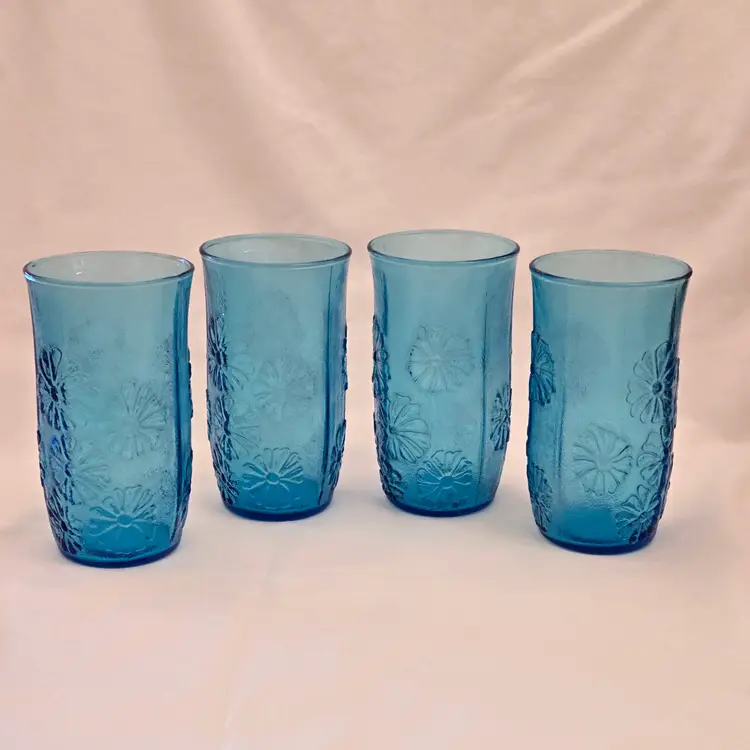 Daisy Flower Glasses Anchor Hocking Aqua Blue Spring Song set of 4 Vintage 5" Tall