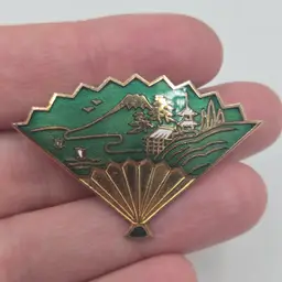 Vintage Damascene Fan Shape Brooch, Gold Tone Green Enamel Landscape Scene