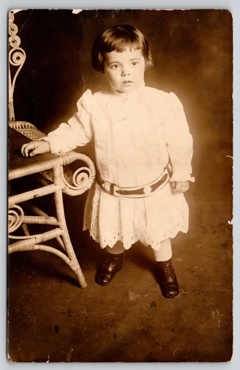 Postcard RPPC Girl with Bowl Cut Standing by Chair Real Photo Joyce Hatten -  9313