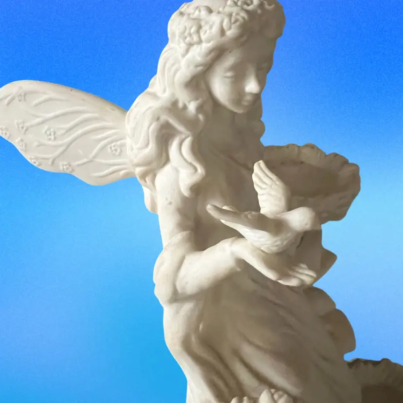 Party Lite Ceramic Votive Holder Fairy Holding Birds, Ivory Color About 8” Tall