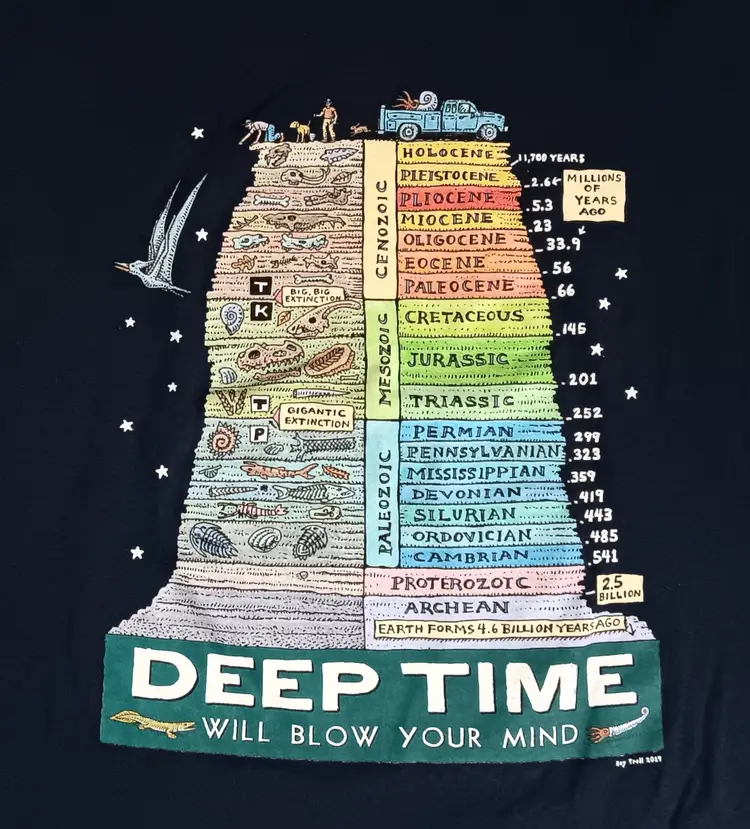 Ray Troll Deep Time Evolution Fossil Layers t-shirt Earth History Dinosaur Fish