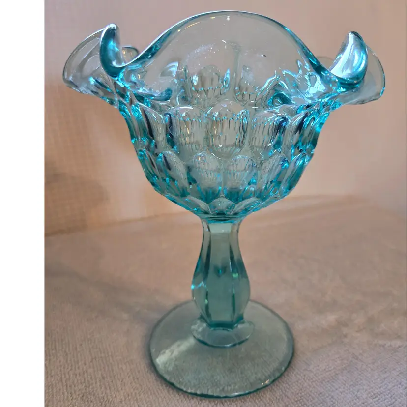 Fenton Teal Aqua Blue Thumbprint Ruffled Compote