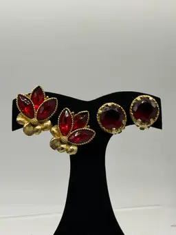 Lot Of 2 Stunning Ruby Red Rhinestone-Glass Button Clip On Earrings Goldtone