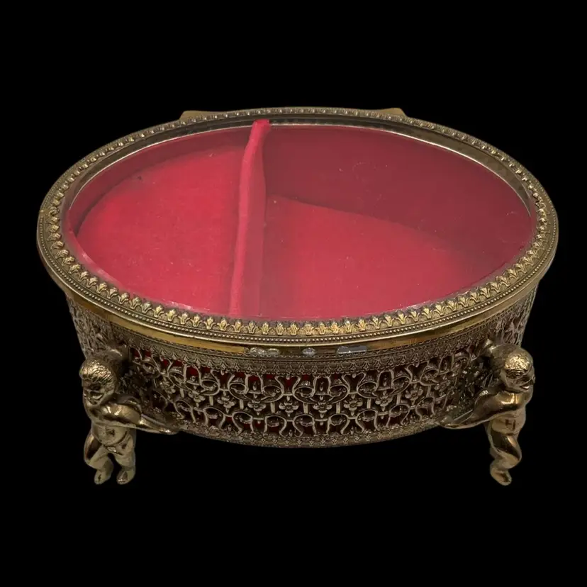 Vintage Brass Filigree Jewelry Casket 6”Lx3”H Music Works!! 🎶
