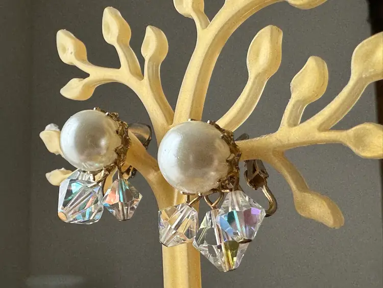 Vintage Faux Pearl And Aurora Borealis Bead Clip Earrings