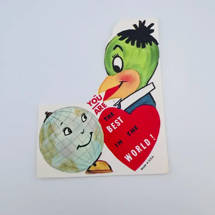 Anthropomorphic Globe And Bird Vintage Valentine Card