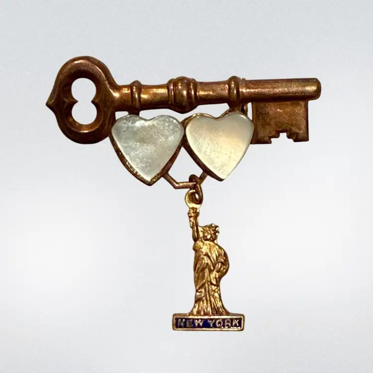 Vintage 40’s Brass & MOP New York Statue of Liberty Key To My Heart Brooch, 1.75”