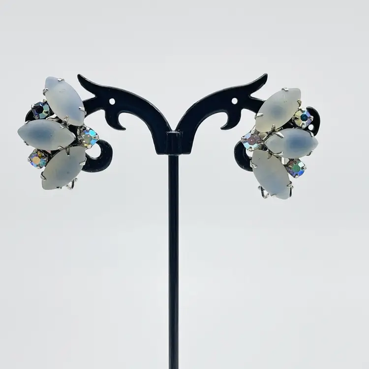 Vintage Clip On Earrings Blue Moonglow Beads Aurora Borealis Rhinestones 11672