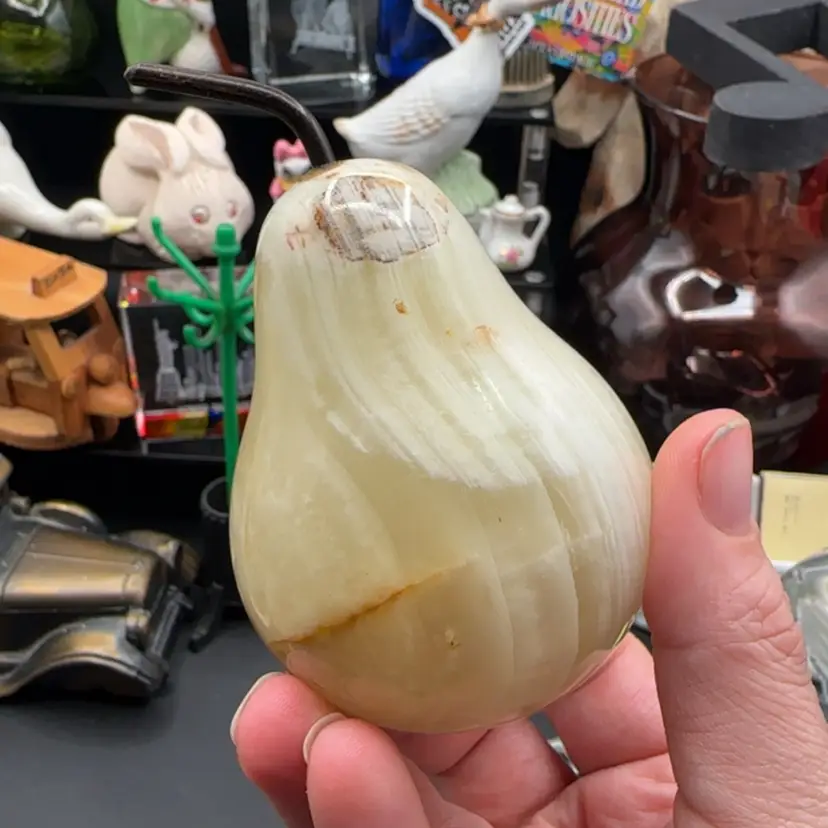 Stone Pear Paperweight Brass Stem, Unmarked 4.5” H