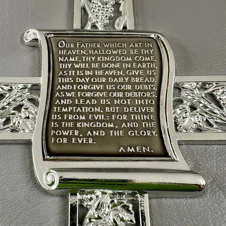 The Lord's Prayer Silver Tone Cross 9" Wall Hanging Crucifix Christian Religious