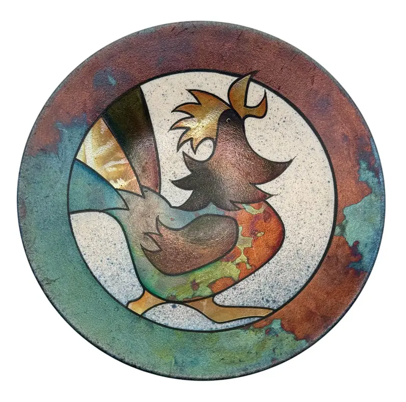 Signed Braemar Raku Pottery Dish Bowl Rooster Bird Vancouver Island Canada 9.5”