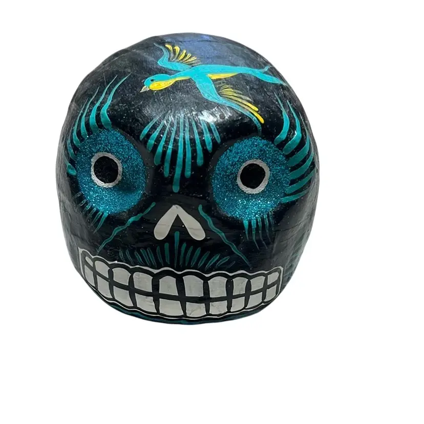 Vintage Teal And Black Sugar Skull With Bird Detail