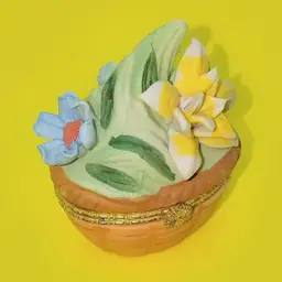 Vintage Bisque Floral Basket Trinket Box