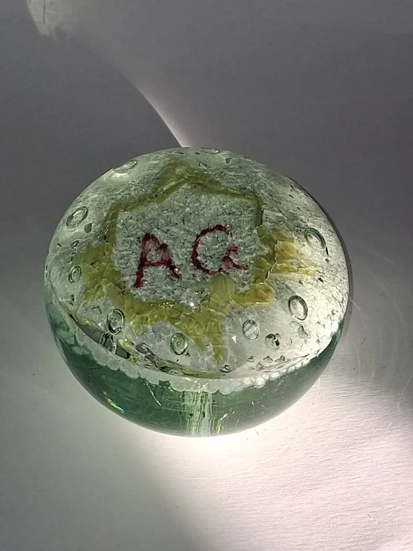 RARE OOAK ANTIQUE 'Chapter AQ of the P.E.O. Sisterhood' MAGNUM CRACKLE & CLEAR CONTROLLED BUBBLE PAPERWEIGHT!
