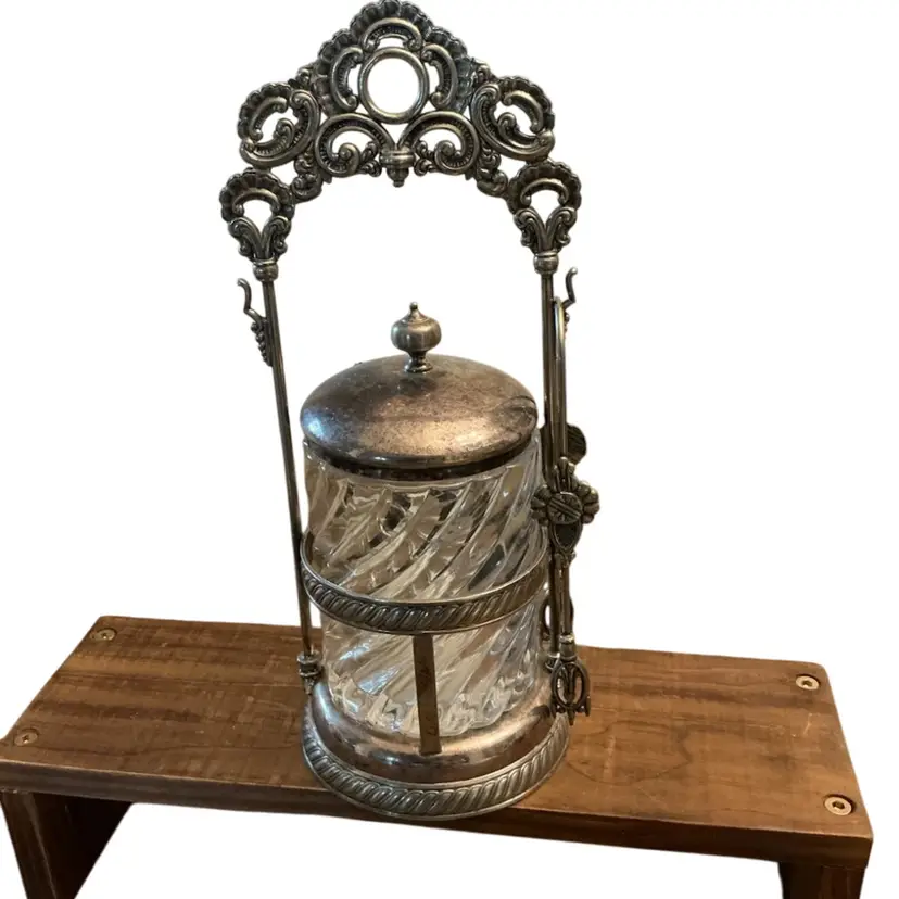 Antique Victorian Swirl Glass And Silver Pickle Castor