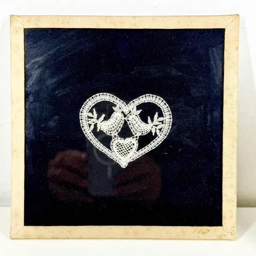 CZECH Bobbin Lace VTG Sampler Framed TURTLE DOVES w/HEART Wall Hanging Dark Blue 7.25in X 7.25in