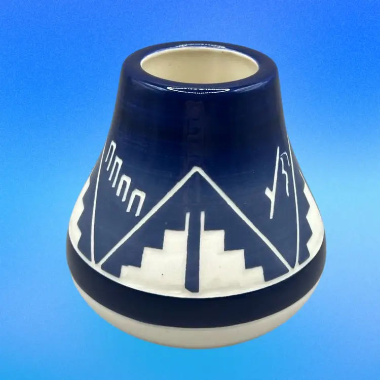 Native American Pottery Vase Navy Blue Signed 4.5”
