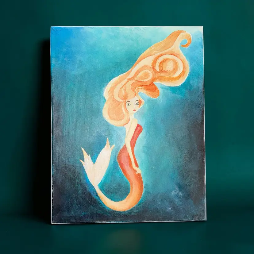 Original Mermaid Painting 11x14 Canvas Coastal Wall Art Whimsical Red Hair Mermaid Ocean Decor Beach House Mermaidcore Gift
