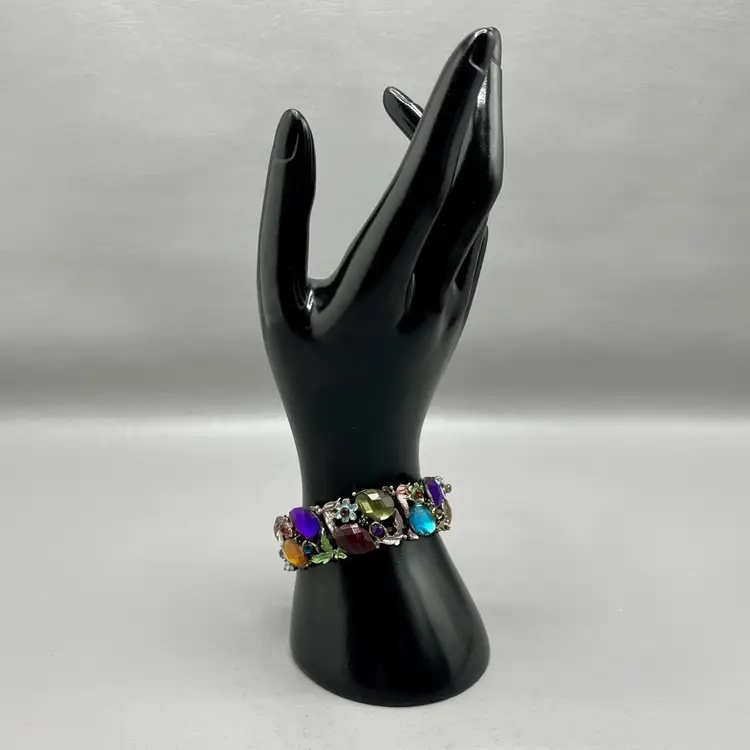 Multi-Color Rhinestone Cuff Panel Stretch Bracelet Flowers Leaves Garden Gold Tone