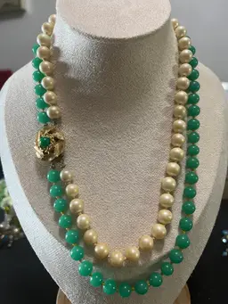 Vintage Faux Jade Cream Colored Faux Pearl Hand Knotted Goldtone Floral Clasp