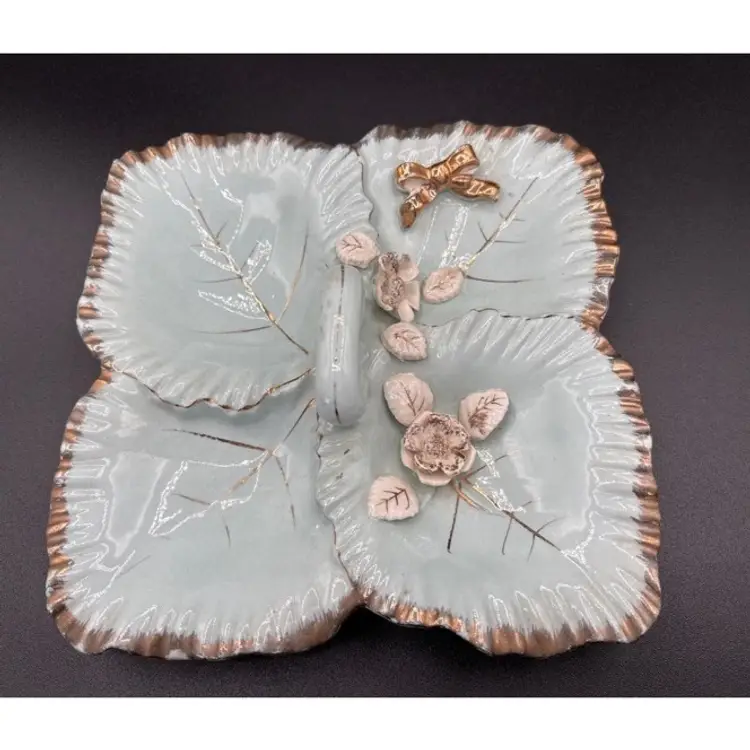 Vintage Capodimonte Style Floral Candy Dish 4 Section, Handle, Light Blue, Gold