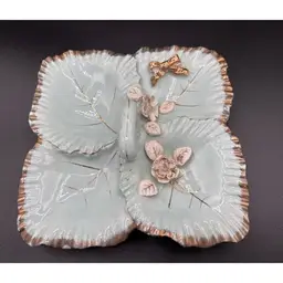 Vintage Capodimonte Style Floral Candy Dish 4 Section, Handle, Light Blue, Gold