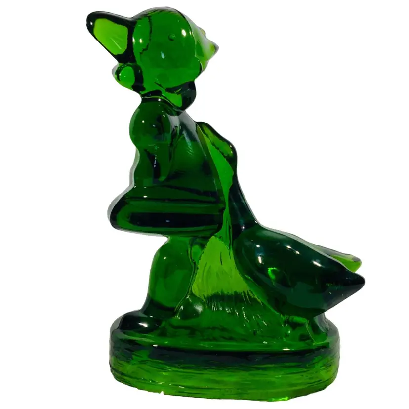 Emerald Green Art Glass Girl Feeding Pet Geese Figurine Super Heavy