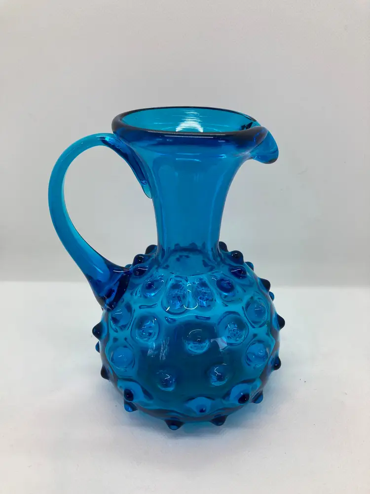 1950's Vintage Empoli Italy Blue Hobnail Glass MCM Spiky Seed Pod Pitcher Jug
