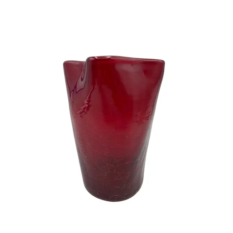 Vintage Red Crackle Glass Pinched Square Vase Hand Blown Mid Century Deep Orange Glow