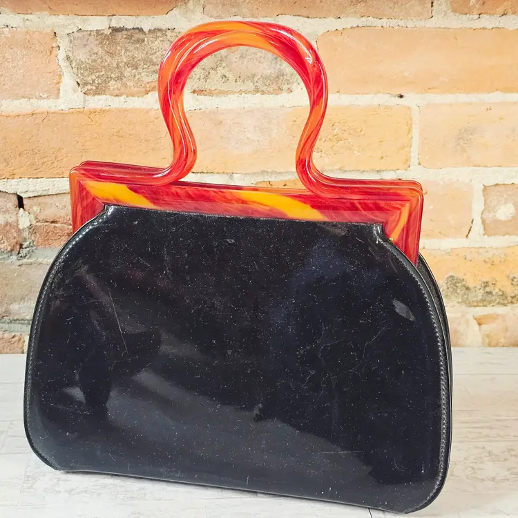 Vintage 1950s Cara Lucite Handle Purse Black Patent Vinyl Handbag with Red Marbled Frame USA