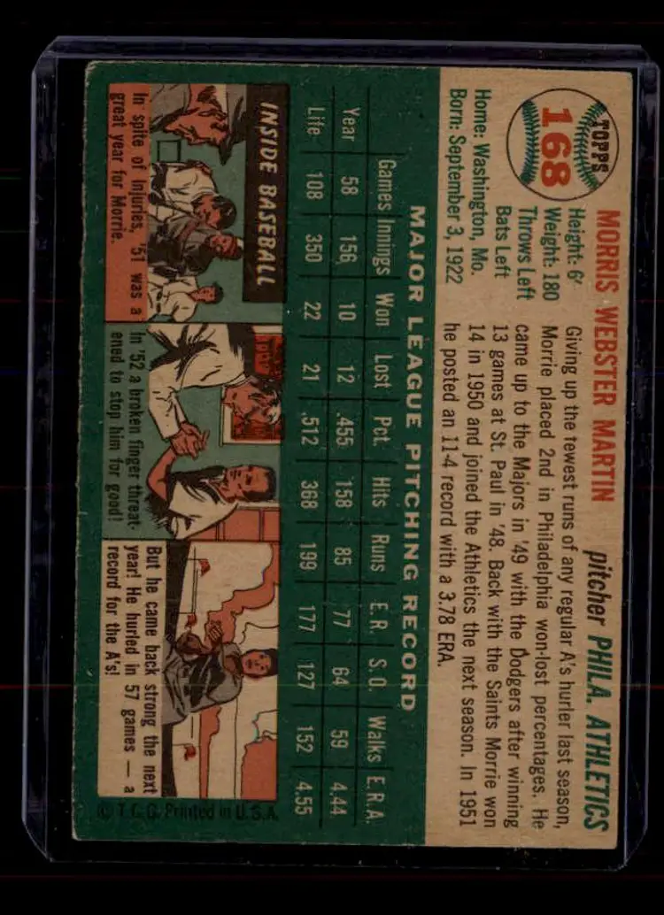 1954 Topps #168 Morrie Martin - (pk-tl1) - Philadelphia Athletics