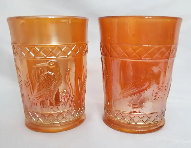 Antique Dugan Marigold Carnival Glass Stork & Rushes Lattice Mugs