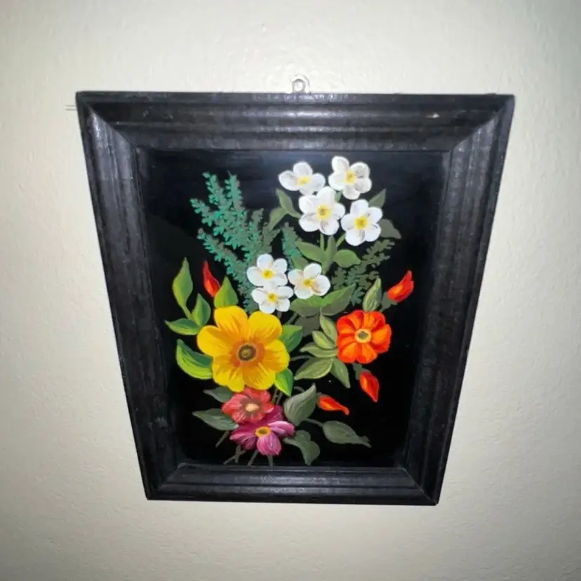 Vintage Oil Painting On Black Glass Wooden Frame Poland