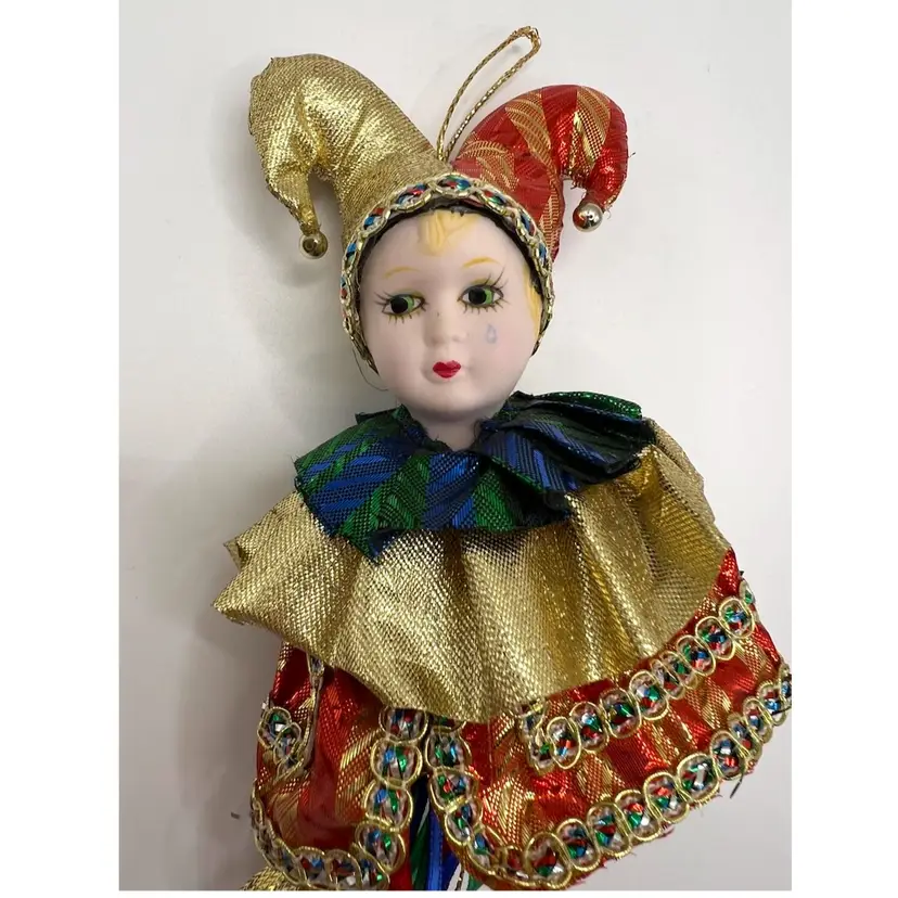 Harlequin Clown Porcelain Face Head Red Gold Green Christmas Ornament 4 in Height