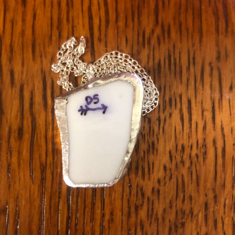Oodelally Shop Broken Pottery Artisan Made Pendant Floral Plate Handcrafted Necklace 7/8 in x 1 in