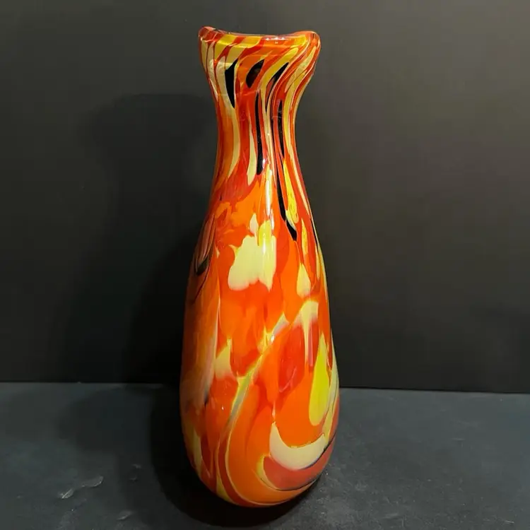 Very Large & Heavy Orange Yellow Swirl Art Glass Vase, Made in Poland ~11.25” x 8.5” x 4”