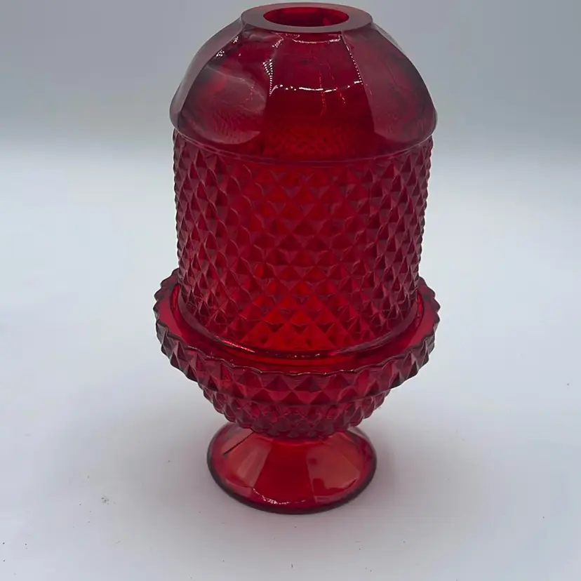 Vintage MCM Viking Glass Fairy Lamp Ruby Red Diamond Point Glimmer  7" Glows